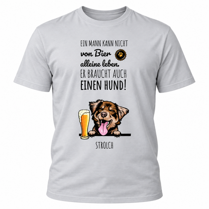 Camiseta gris personalizada con motivo de perro y vaso de cerveza, estampado ingenioso y divertido.