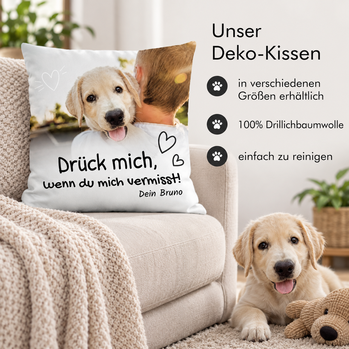 Cojín decorativo personalizable con foto de perro y el texto "Drück mich, wenn du mich vermisst!", 100% algodón dril.