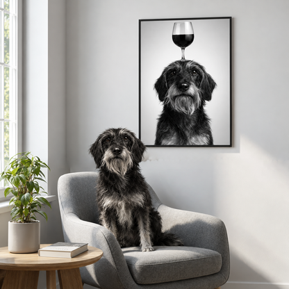 Póster en blanco y negro de un perro con una copa de vino en la cabeza, en la pared sobre un sillón acogedor.