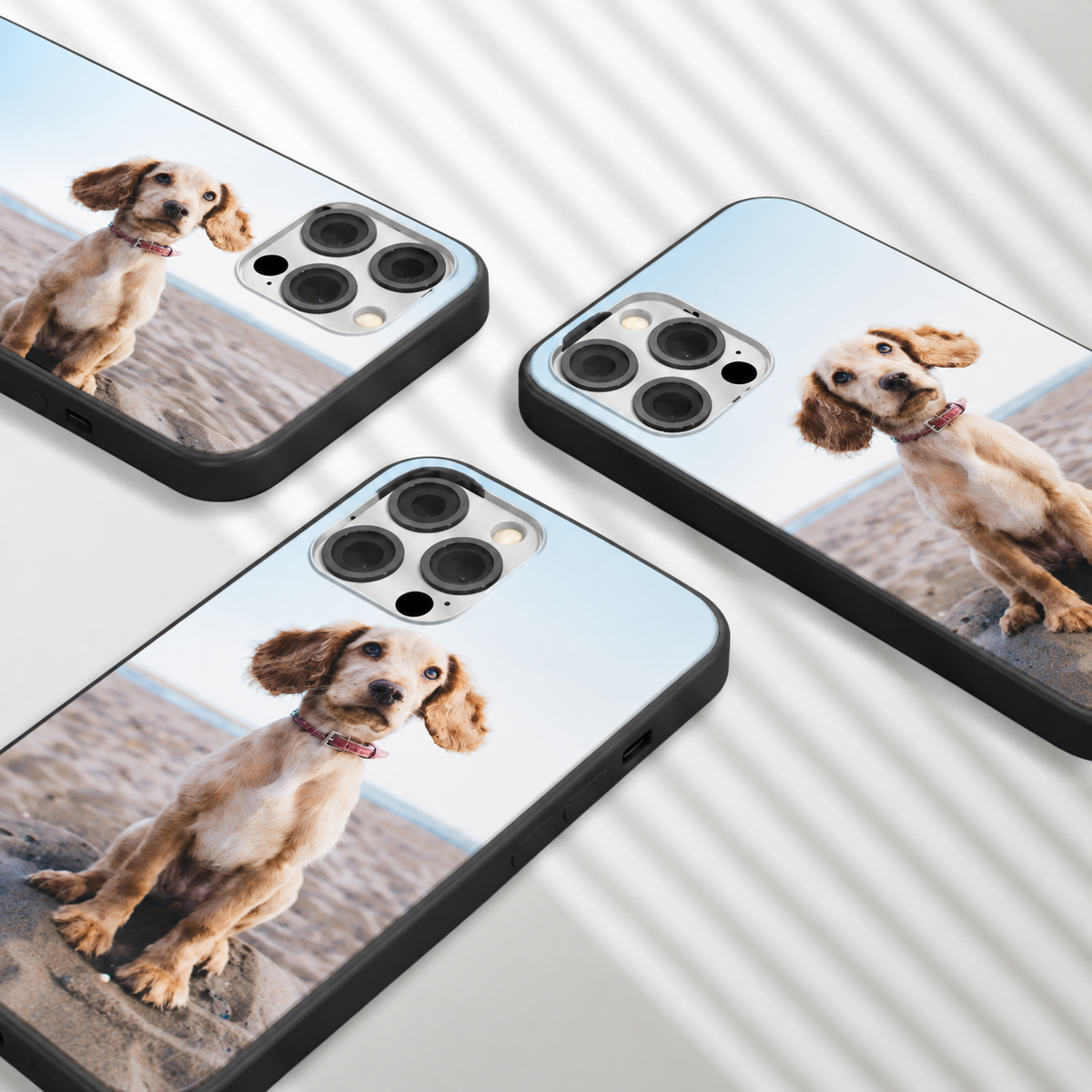 Tres fundas de móvil personalizadas con foto de un perro sobre fondo de playa.