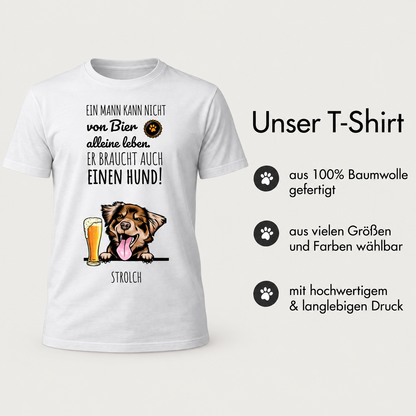Camiseta blanca 100% algodón con divertido estampado de un perro y cerveza. Texto sobre la vida con un perro.