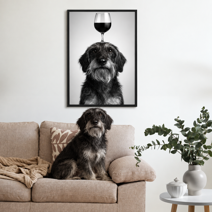 Póster en blanco y negro de un perro con una copa de vino en la cabeza, enmarcado sobre un sofá con cojines y plantas.