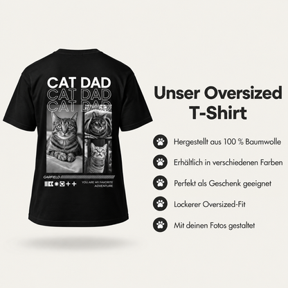 Camiseta oversize negra con el texto "Cat Dad" y fotos de gatos. 100% algodón.