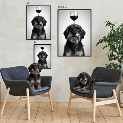 Pósters personalizados con perro y copa de vino, tamaños A3 y A4, con marcos modernos.