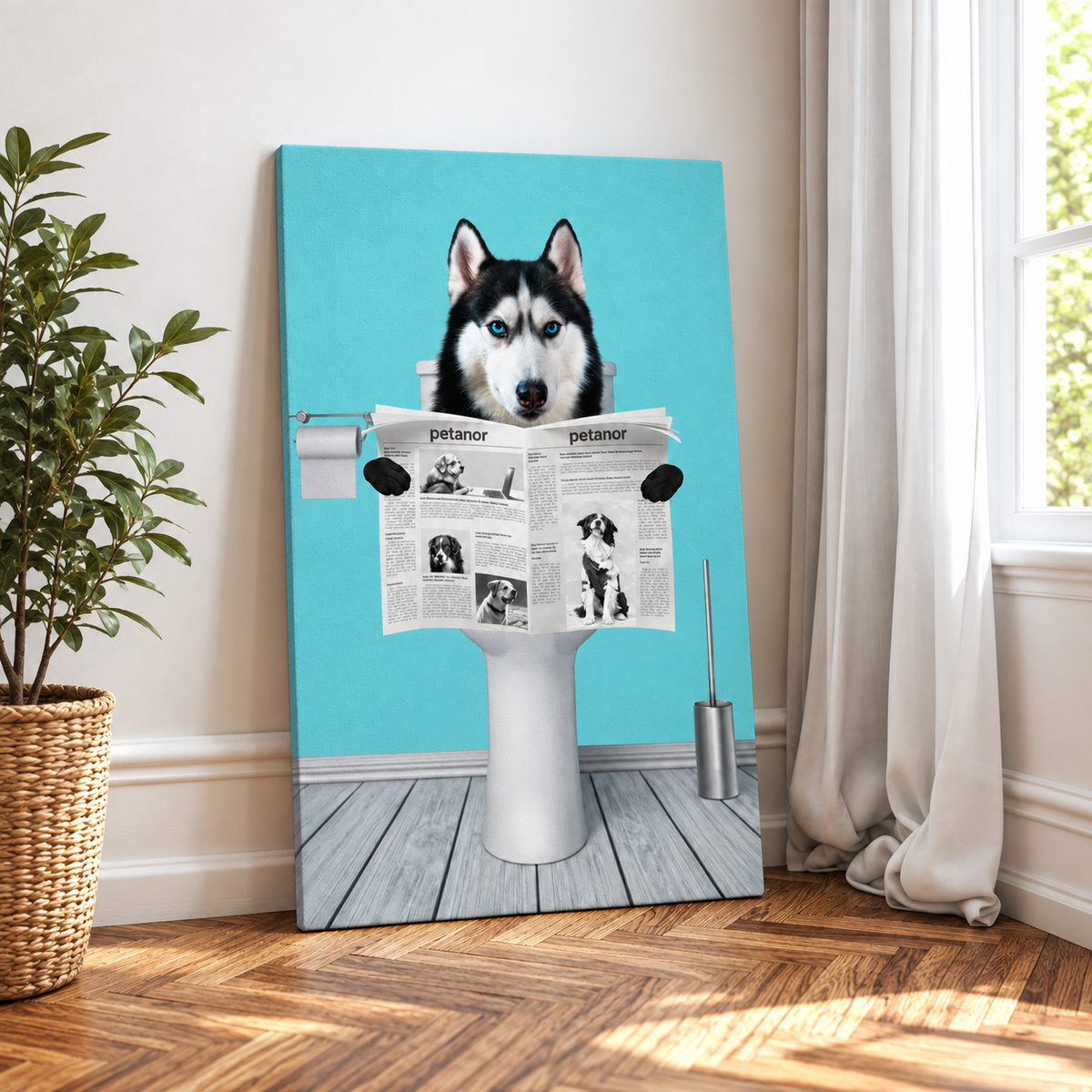 Lienzo de un perro sentado en el váter leyendo el periódico, fondo turquesa.