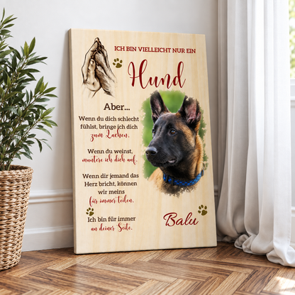 Lienzo personalizado con foto de perro y texto emotivo. Superficie efecto madera con detalles verdes.