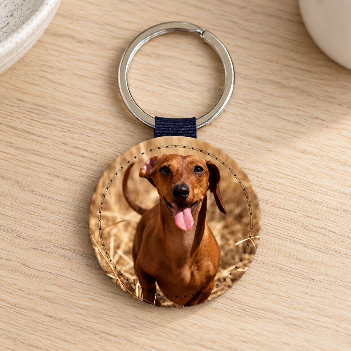 Llavero redondo con foto de un perro sonriente sobre una mesa de madera.