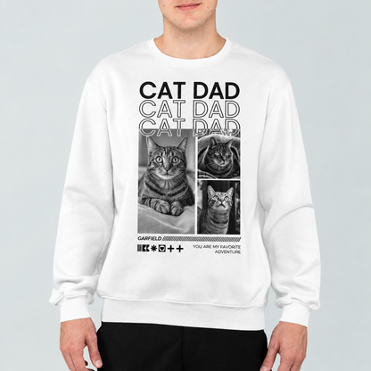 Sudadera blanca con estampado "Cat Dad" e imágenes de gatos.