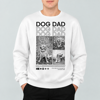 Sudadera blanca con el texto "DOG DAD" y tres fotos de un perro en blanco y negro.