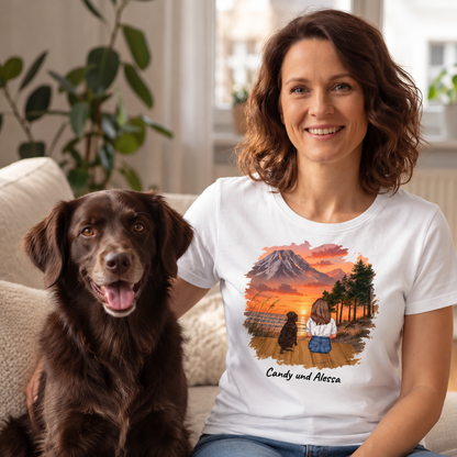 Camiseta blanca con motivo personalizado de una mujer y su perro ante un paisaje.
