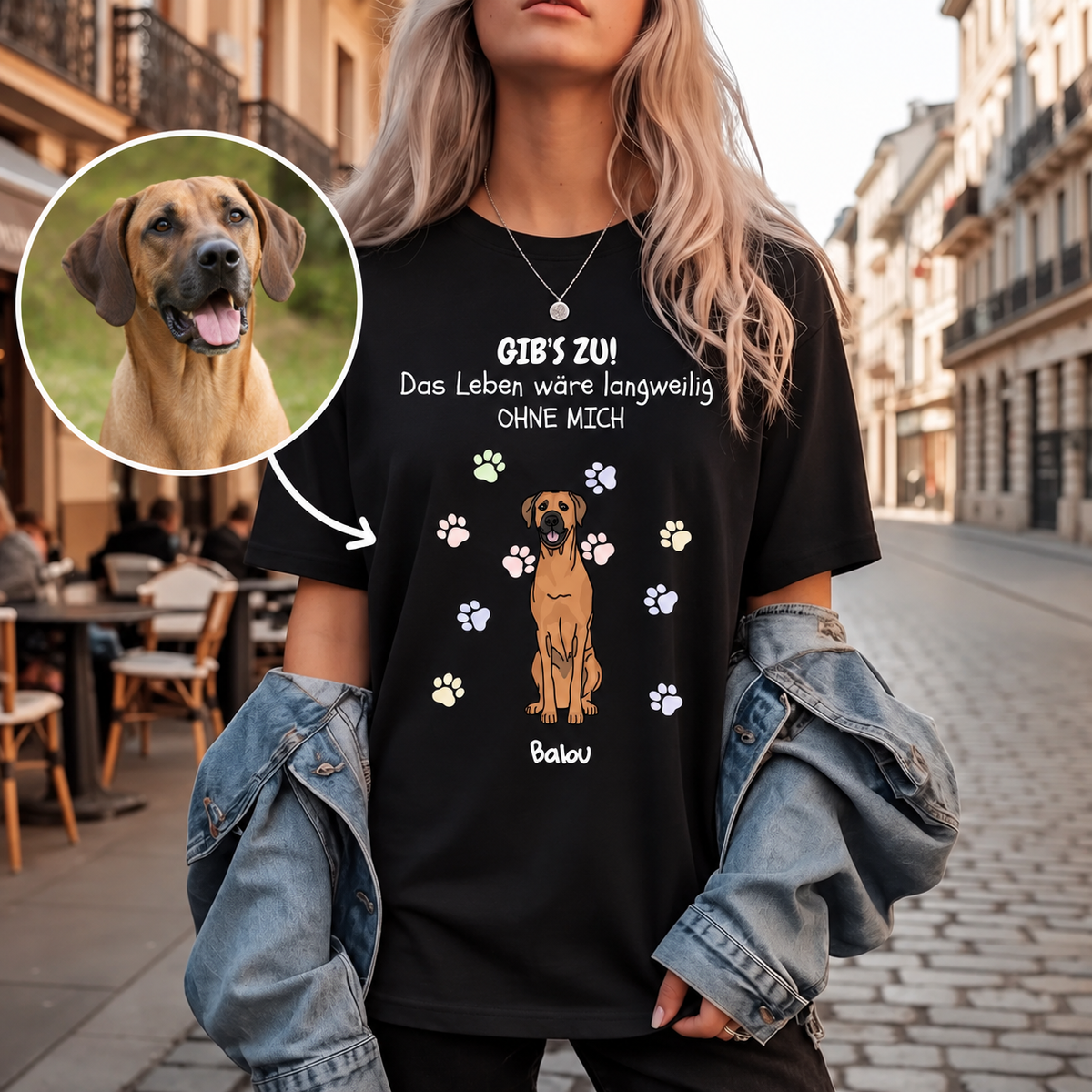 Camiseta negra con bordado de un perro y el texto "Das Leben wäre langweilig ohne mich".