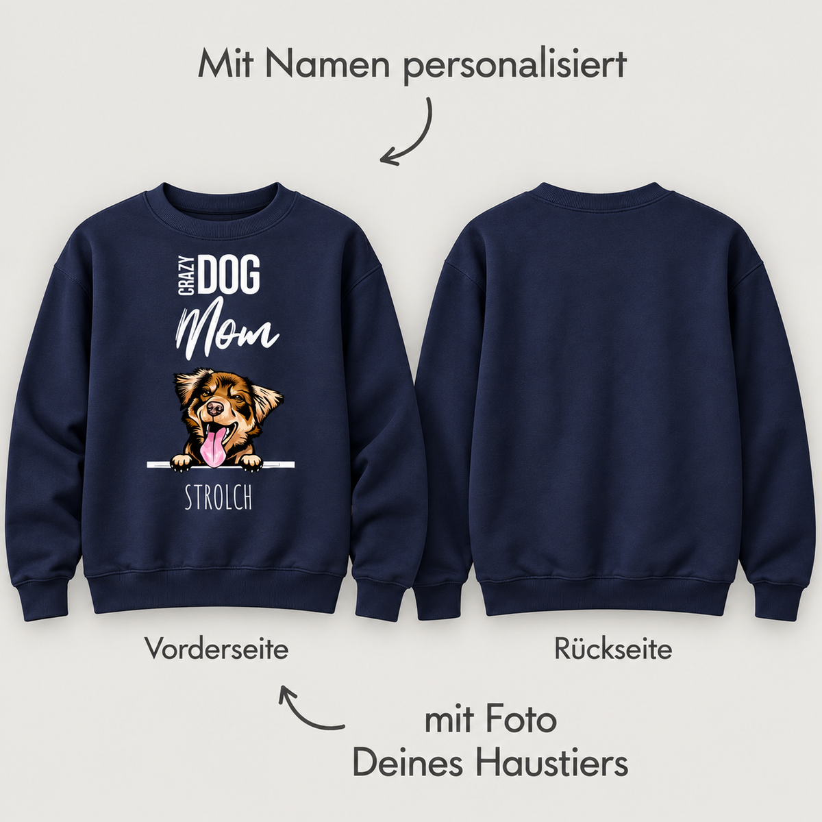 Sudadera azul marino para padres de mascotas con motivo de perro y nombre personalizable.