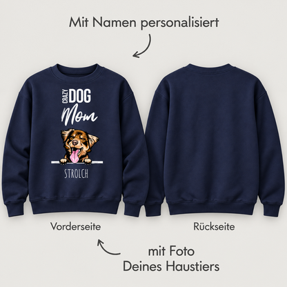 Sudadera azul marino para padres de mascotas con motivo de perro y nombre personalizable.