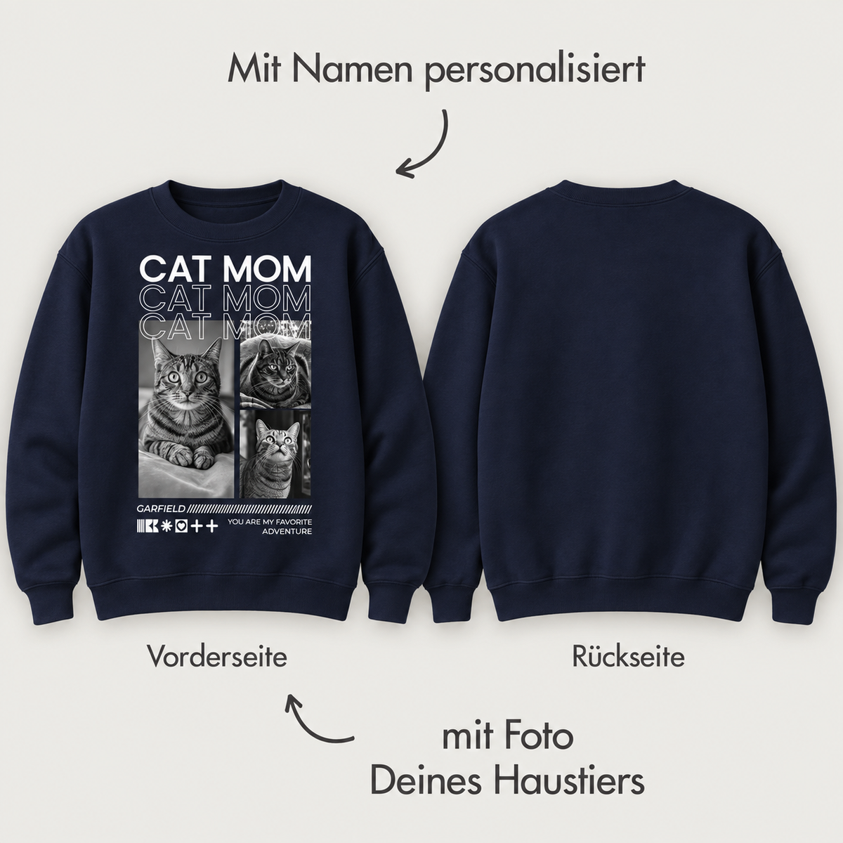 Sudadera azul oscuro con texto personalizable "Cat Mom" y motivos de gatos en la parte delantera.