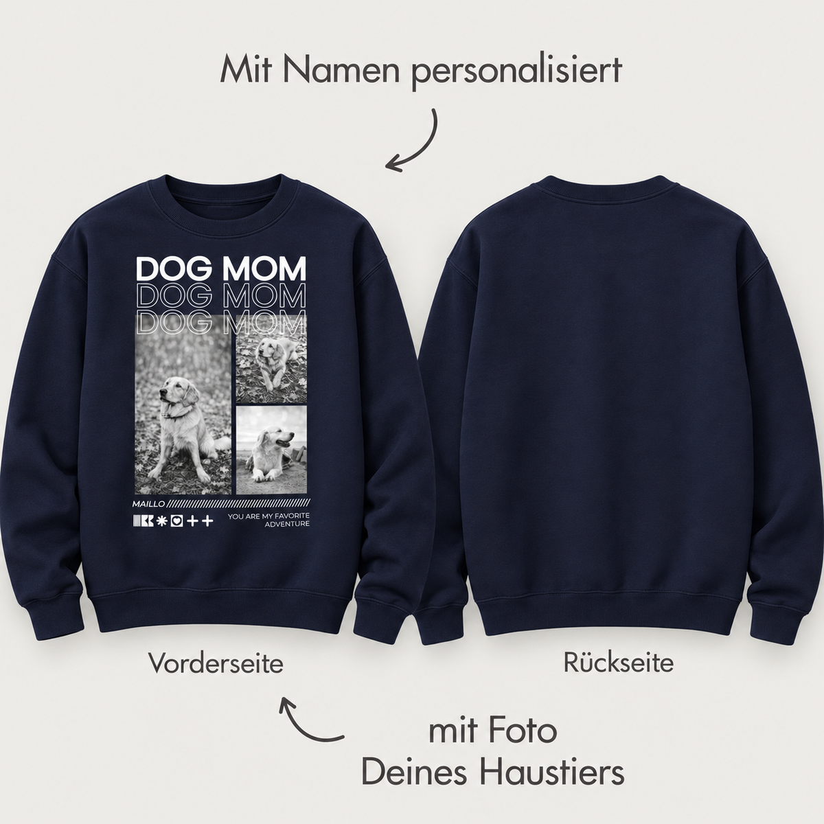 Sudadera azul oscuro con el texto "DOG MOM" y espacio para una foto personalizada en la espalda.