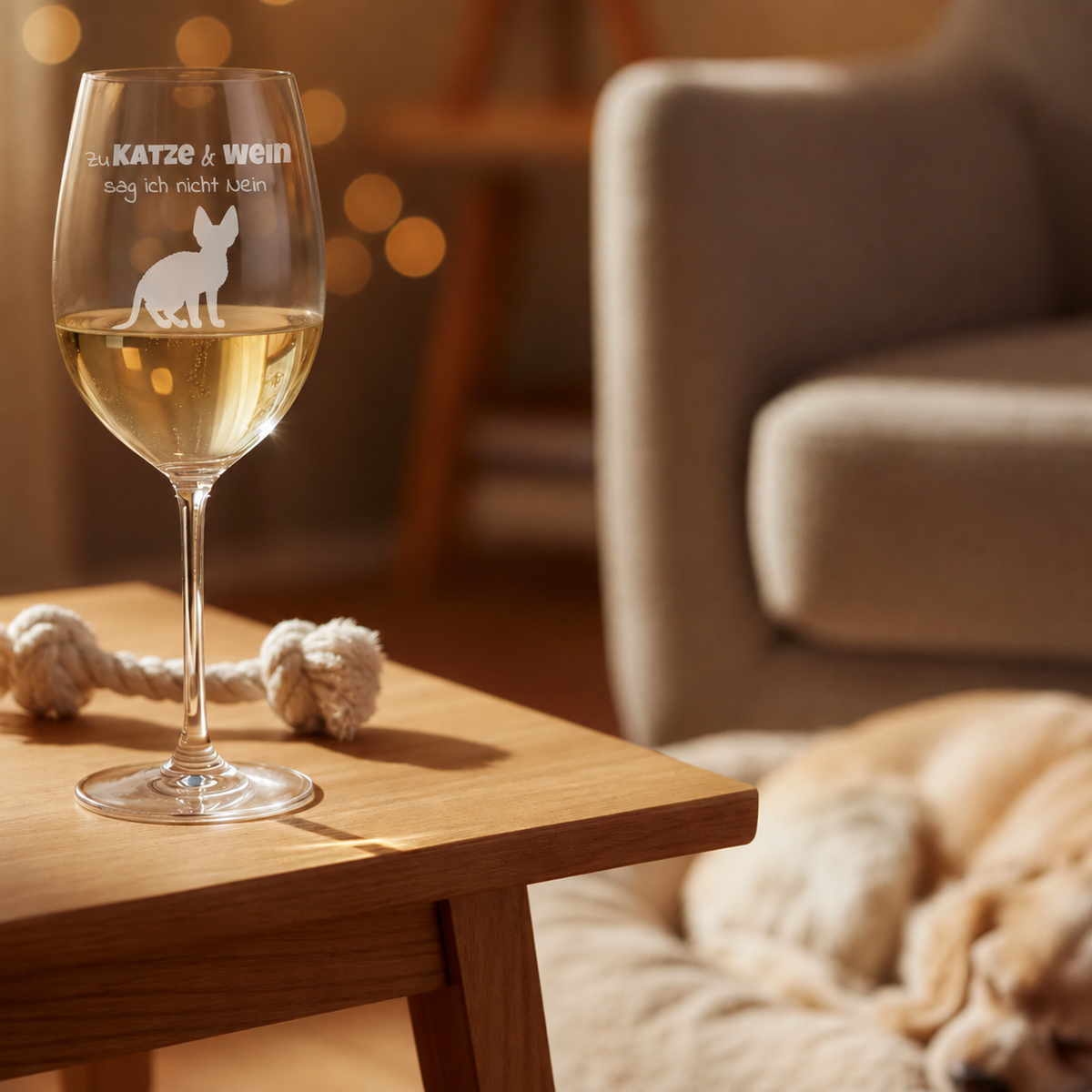 Copa de vino personalizada con motivo de gato y texto sobre una mesa de madera, con un perro al fondo.