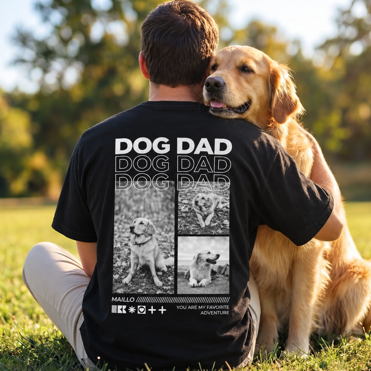 Camiseta negra con el texto "DOG DAD" y collage de fotos de perros en la espalda.