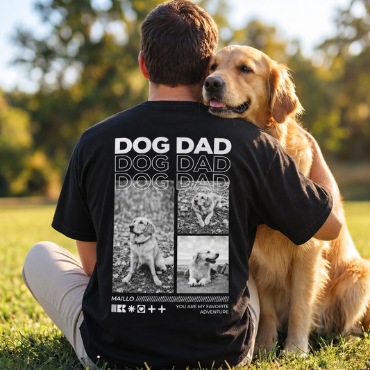 Camiseta negra con el texto "DOG DAD" y collage de fotos de perros en la espalda.