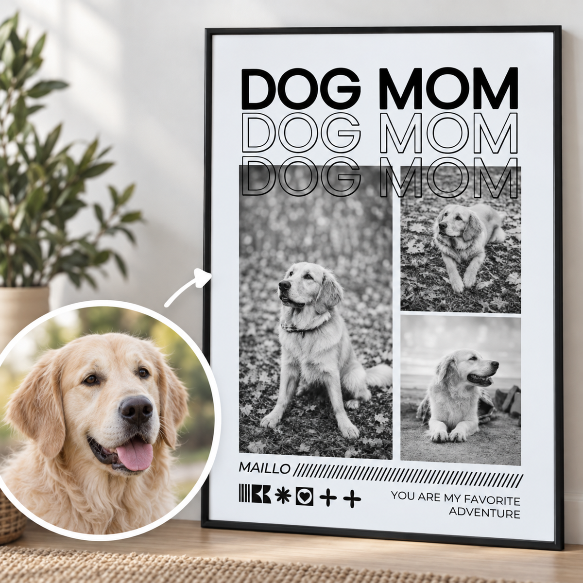 Póster personalizado con el texto "DOG MOM" y fotos de un golden retriever. Marco negro.
