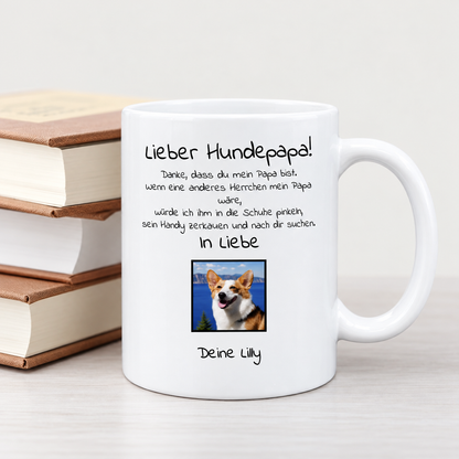 Taza blanca personalizada con texto para papá perruno y foto de un perro.