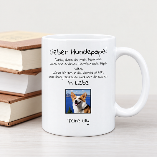 Taza blanca personalizada con texto para papá perruno y foto de un perro.