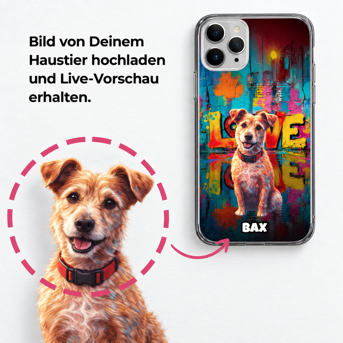Funda de móvil personalizada con diseño street art y perro. Parte trasera transparente.