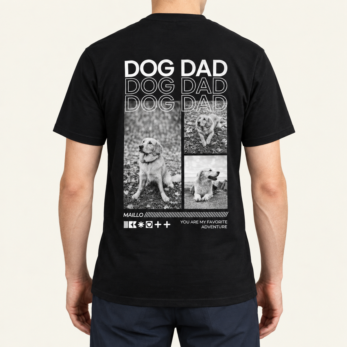 Camiseta negra con el texto "DOG DAD" y fotos de perros en la espalda. Algodón, corte holgado.