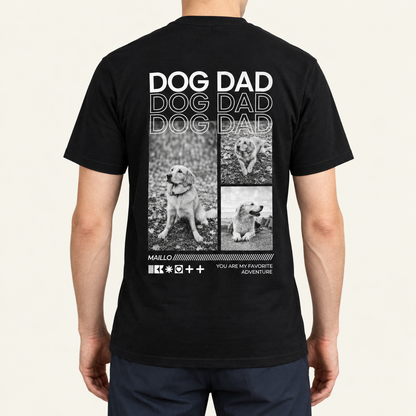 Camiseta negra con el texto "DOG DAD" y fotos de perros en la espalda. Algodón, corte holgado.