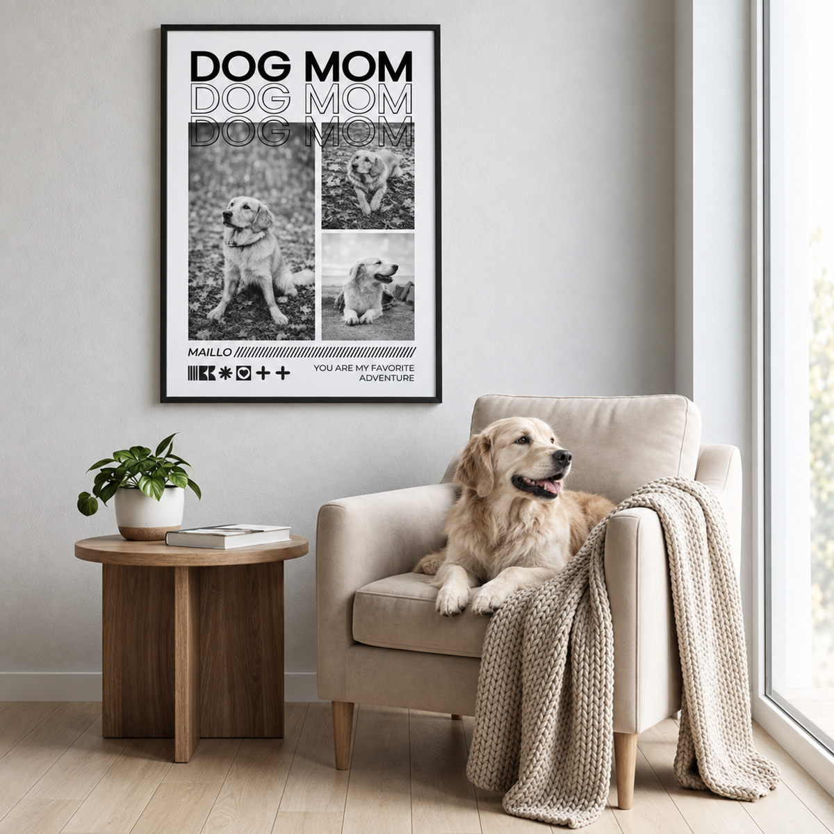 Póster personalizado con el texto "Dog Mom" y fotos de golden retrievers, sin marco en un salón moderno.