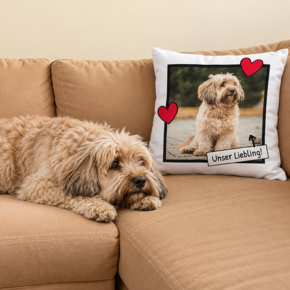 Cojín personalizado con foto de perro, corazones de colores y texto sobre tela blanca.