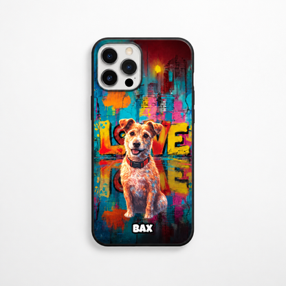 Funda de móvil personalizada con motivo de perro y colorido fondo street art.