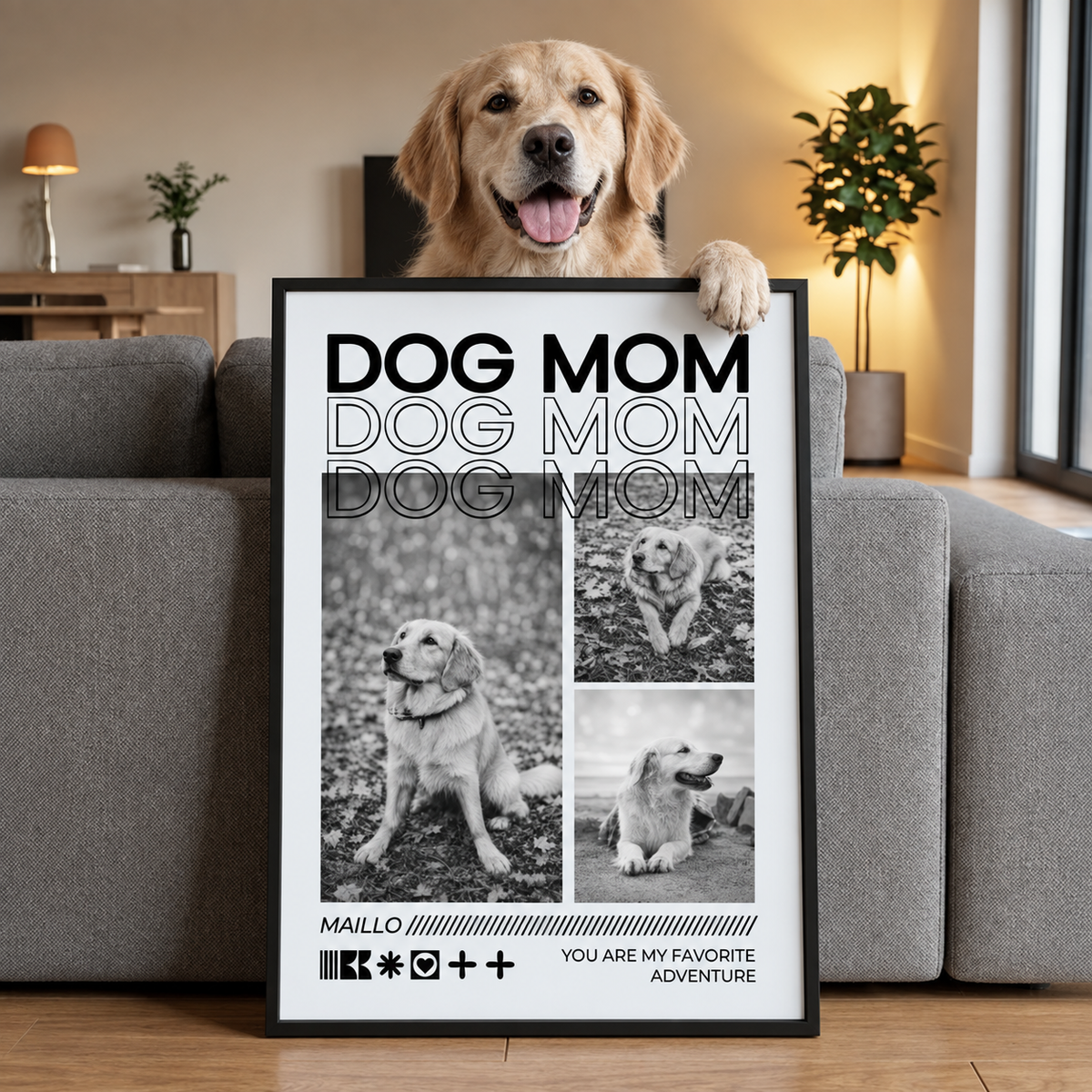 Póster personalizado con el texto "DOG MOM" y fotos de perros en un marco moderno.