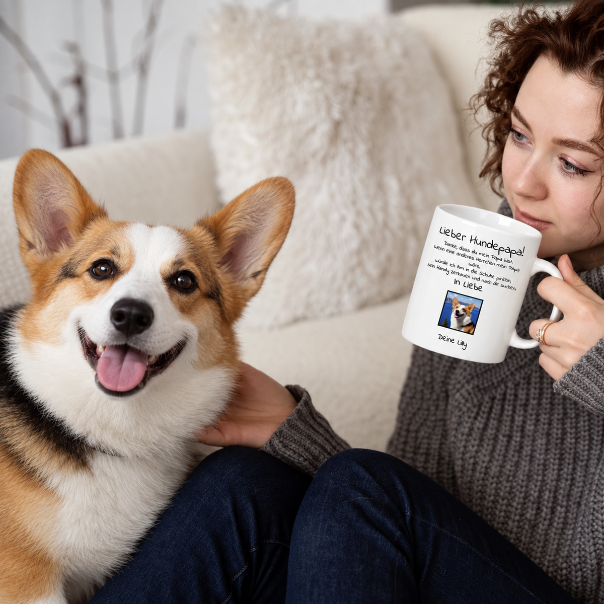 Persona bebiendo de una taza blanca con el texto "Lieber Hundepapa", un perro sentado a su lado.