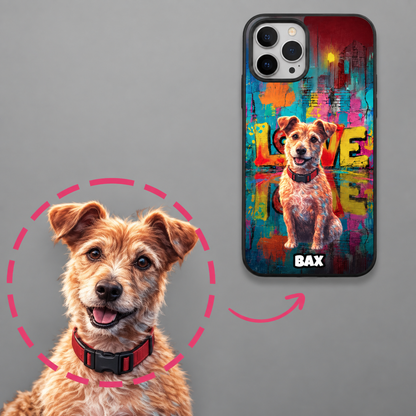 Funda de móvil personalizada con diseño street art y motivo de perro en colores vivos.