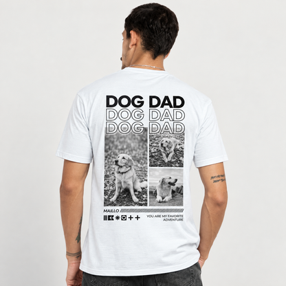 Camiseta blanca con el texto "DOG DAD" y tres fotos de perros en la espalda.