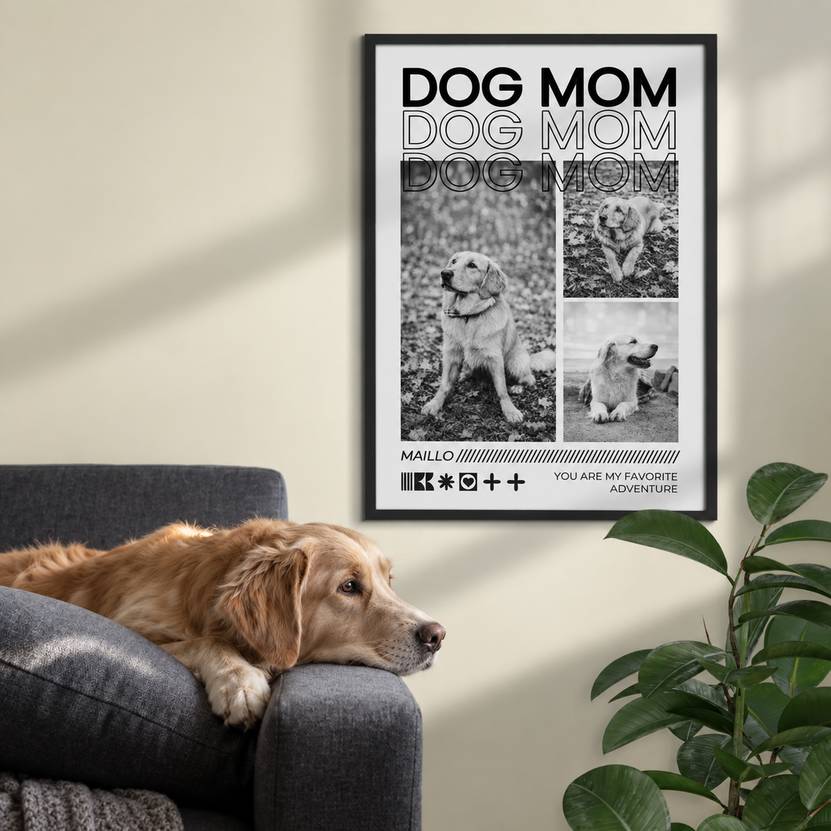 Marco con póster personalizado con el texto "DOG MOM" y fotos de perros en blanco y negro.