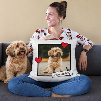 Cojín personalizado con foto de perro y corazones, funda blanca, decorativo.