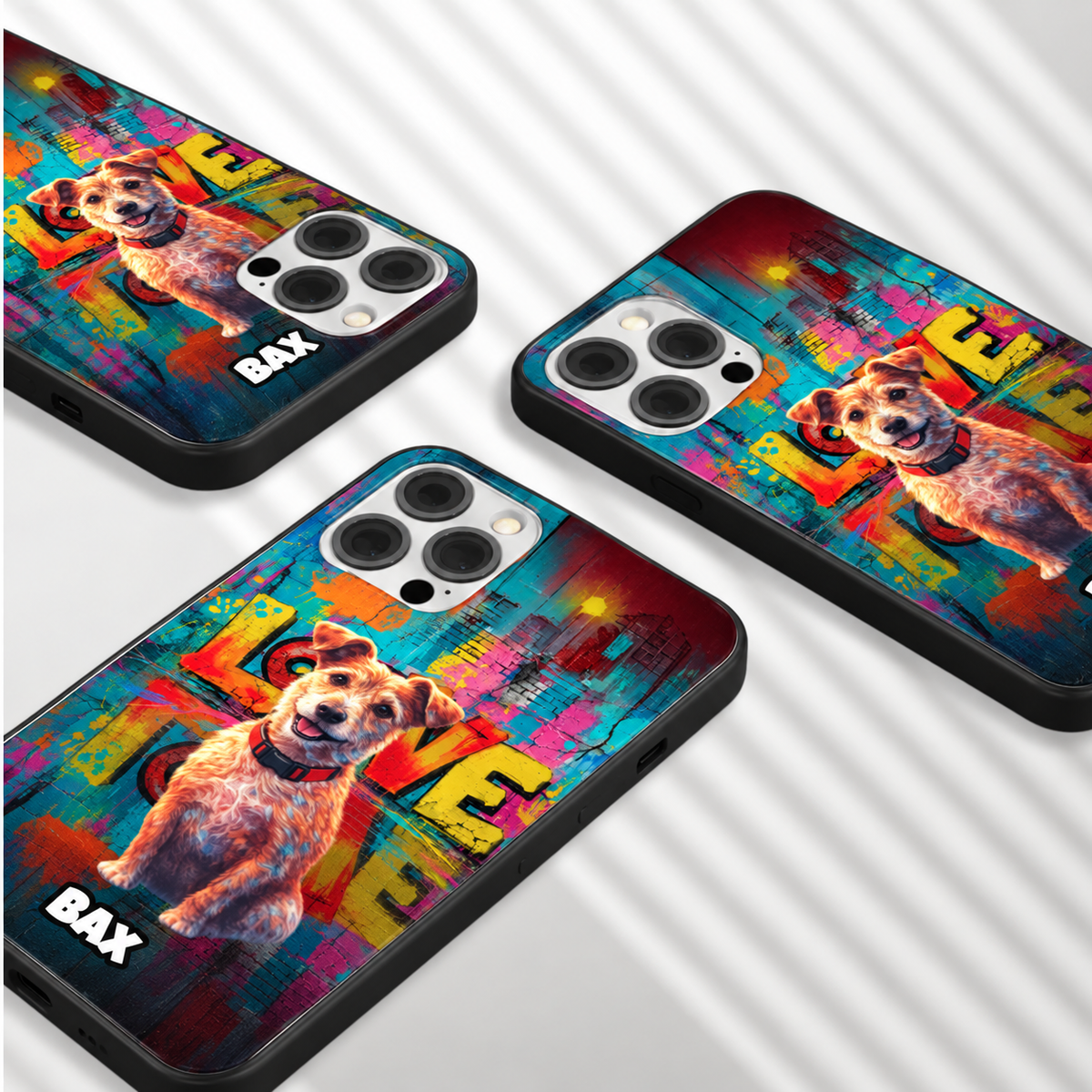 Fundas de móvil negras personalizadas con colorido diseño street art y motivo de perro.