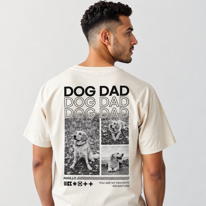 Camiseta beige con gráfico "DOG DAD" y fotos negras de perros en la espalda.