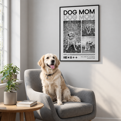 Póster personalizado con el texto "DOG MOM" en negro y fotos de un perro, enmarcado. Perro sentado en un sillón gris.