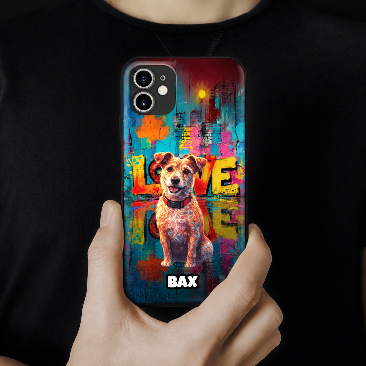 Funda de móvil personalizada con ilustración de perro y colorido diseño street art.