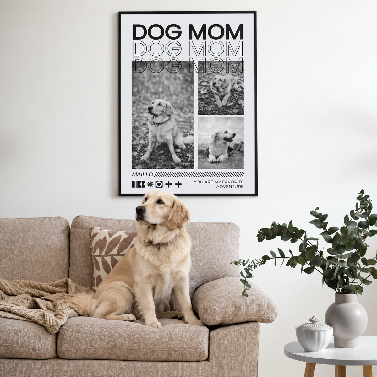 Póster personalizable titulado "Dog Mom" con fotos de golden retrievers, enmarcado y en la pared.