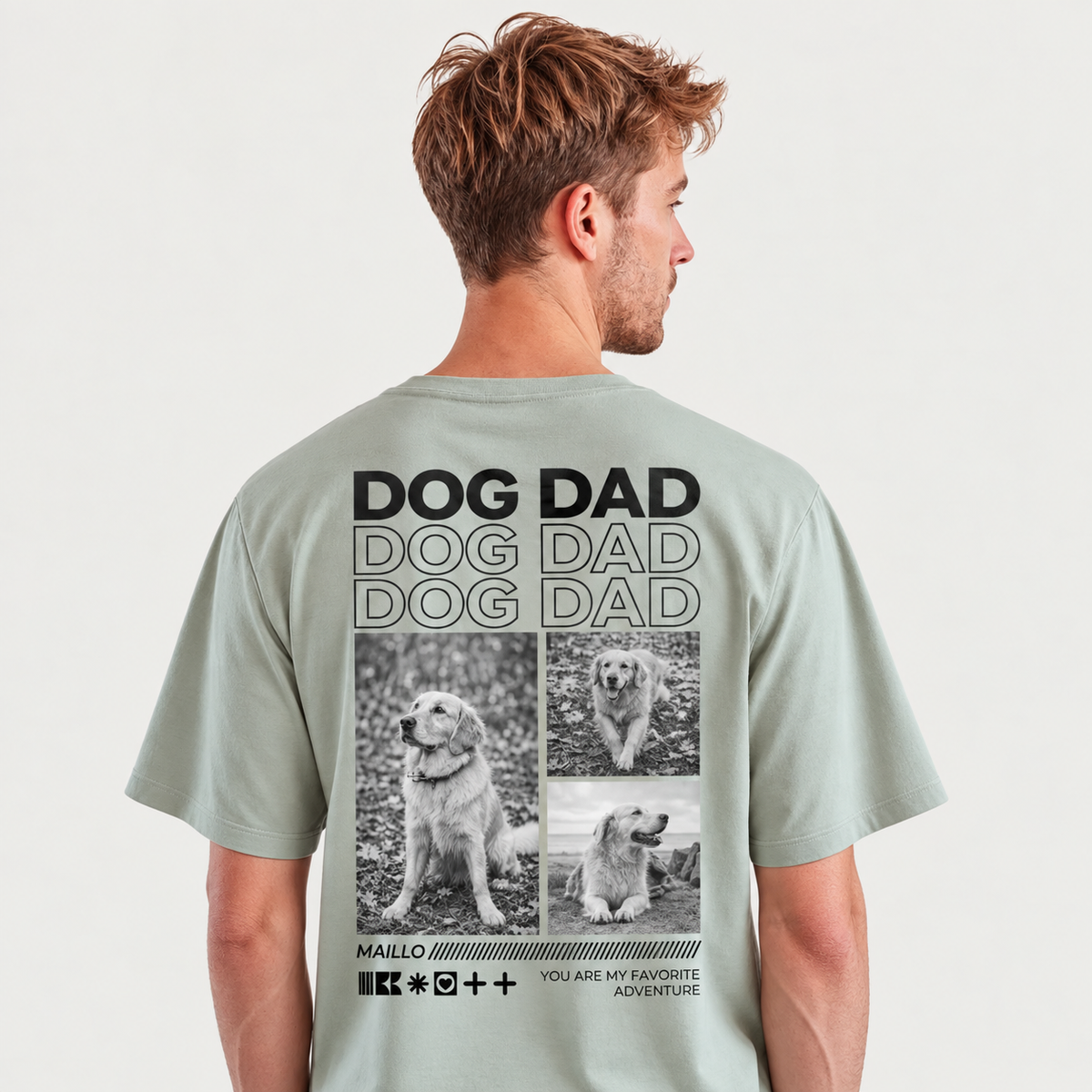 Camiseta verde de hombre con el texto "Dog Dad" y fotos de un perro en la espalda.