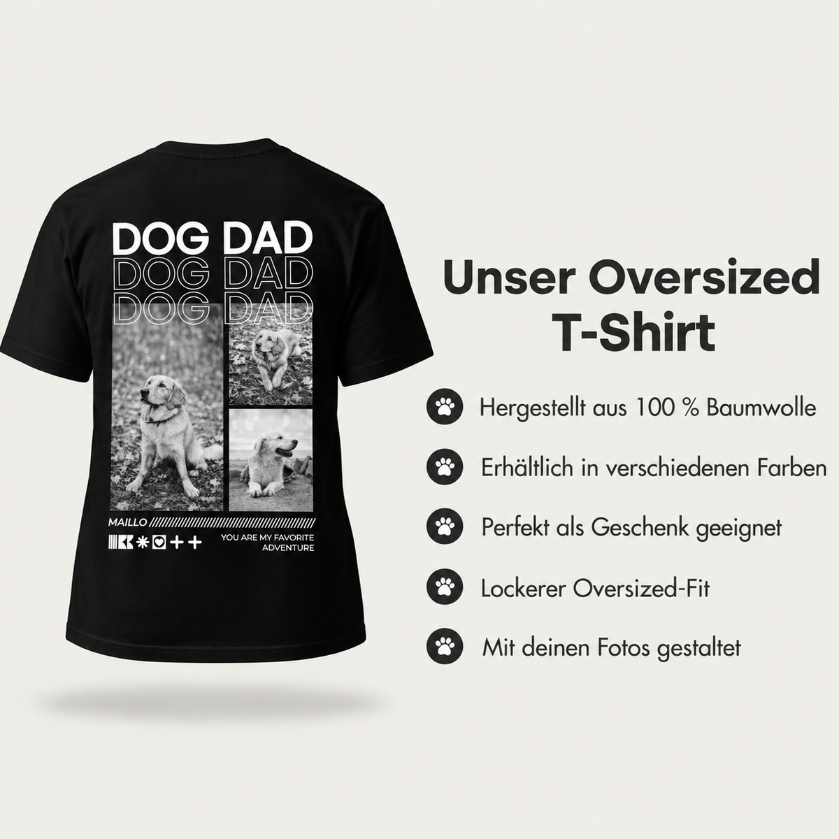Camiseta negra 100% algodón con motivo "Dog Dad" y varias fotos de perros. Corte oversize.