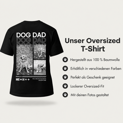 Camiseta negra 100% algodón con motivo "Dog Dad" y varias fotos de perros. Corte oversize.