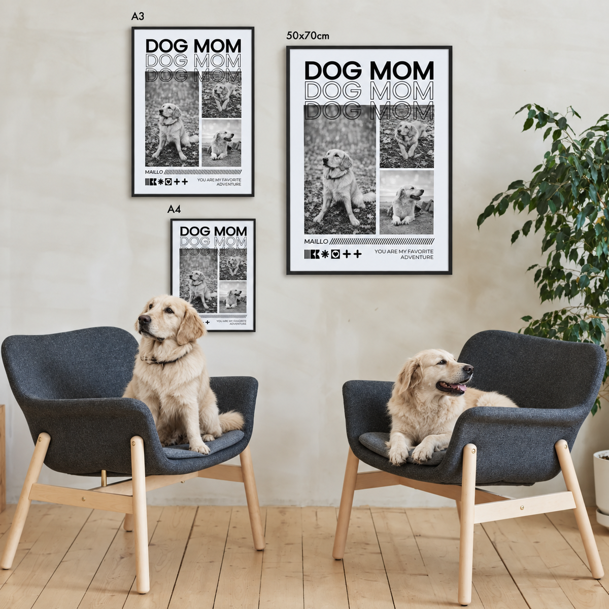 Póster personalizado "Dog Mom" en blanco y negro, dos tamaños y estilos en la pared, perros en sillas.