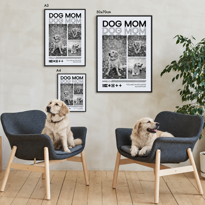 Póster personalizado "Dog Mom" en blanco y negro, dos tamaños y estilos en la pared, perros en sillas.