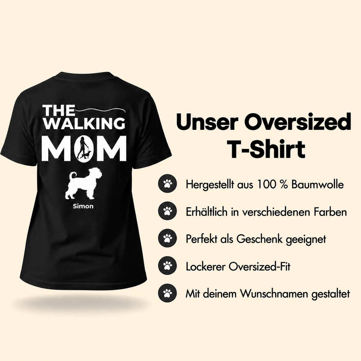 Camiseta oversize negra 100% algodón, con texto personalizable y motivo de perro.