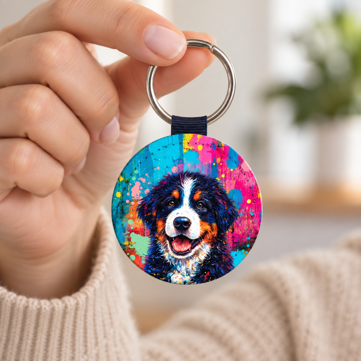 Llavero personalizado con un colorido motivo de perro inspirado en el street art.
