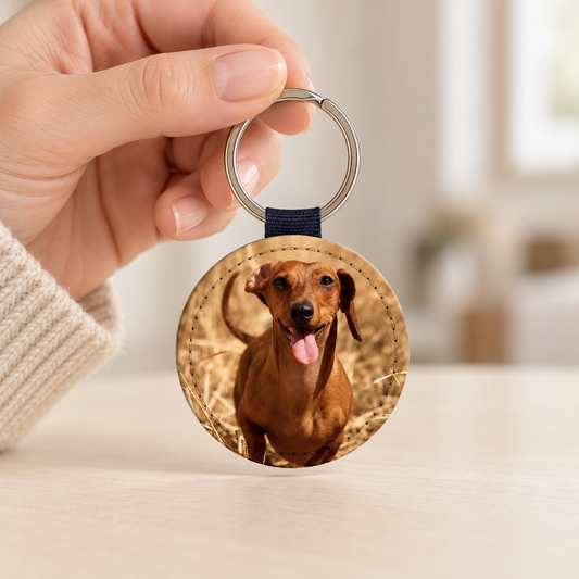 Llavero personalizado con colgante redondo y foto de un perro, anilla plateada.